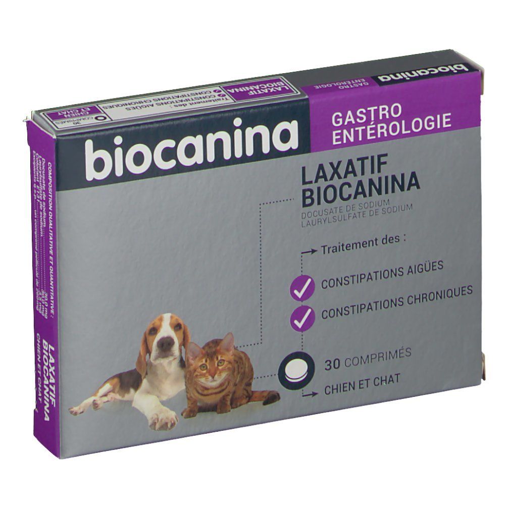 Boîte Biocanina. Texte: Laxatif Biocanina, 30 comprimés, pour chiens et chats. Image d'un chien et d'un chat.