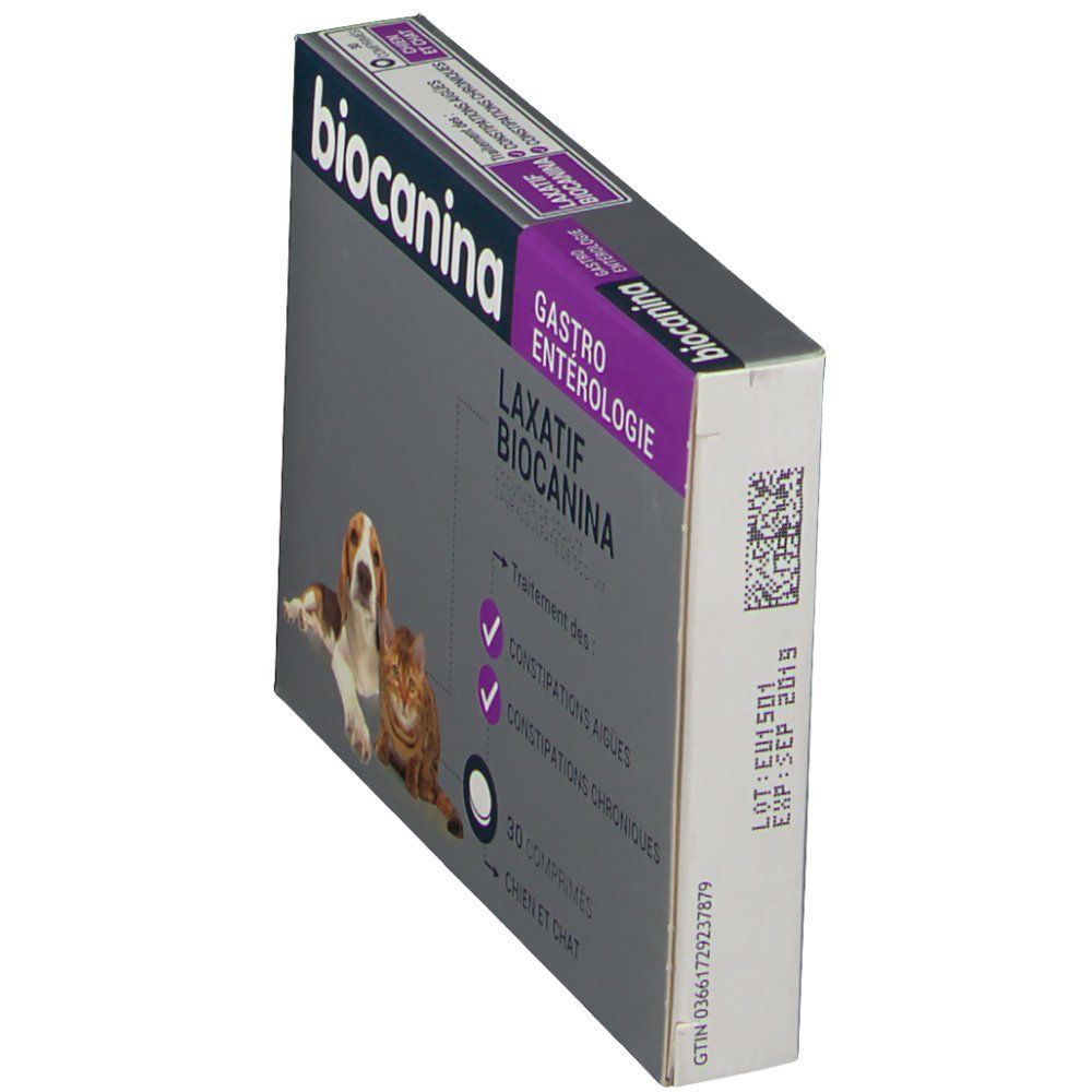 Boîte Biocanina, vue latérale. Texte: Laxatif Biocanina, 30 comprimés. Image chien et chat. Code-barres et date d'expiration.