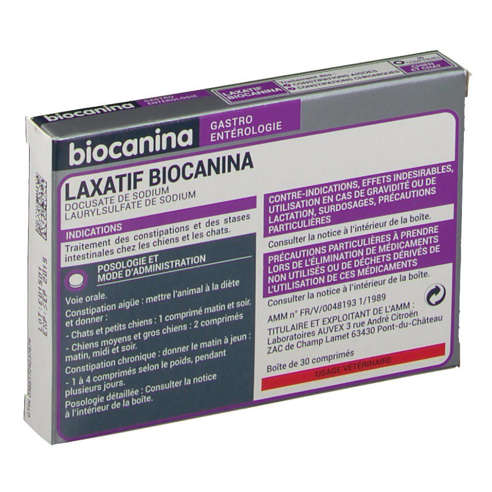 Boîte Biocanina. Texte: Laxatif Biocanina, 30 comprimés, pour chiens et chats. Informations et instructions.