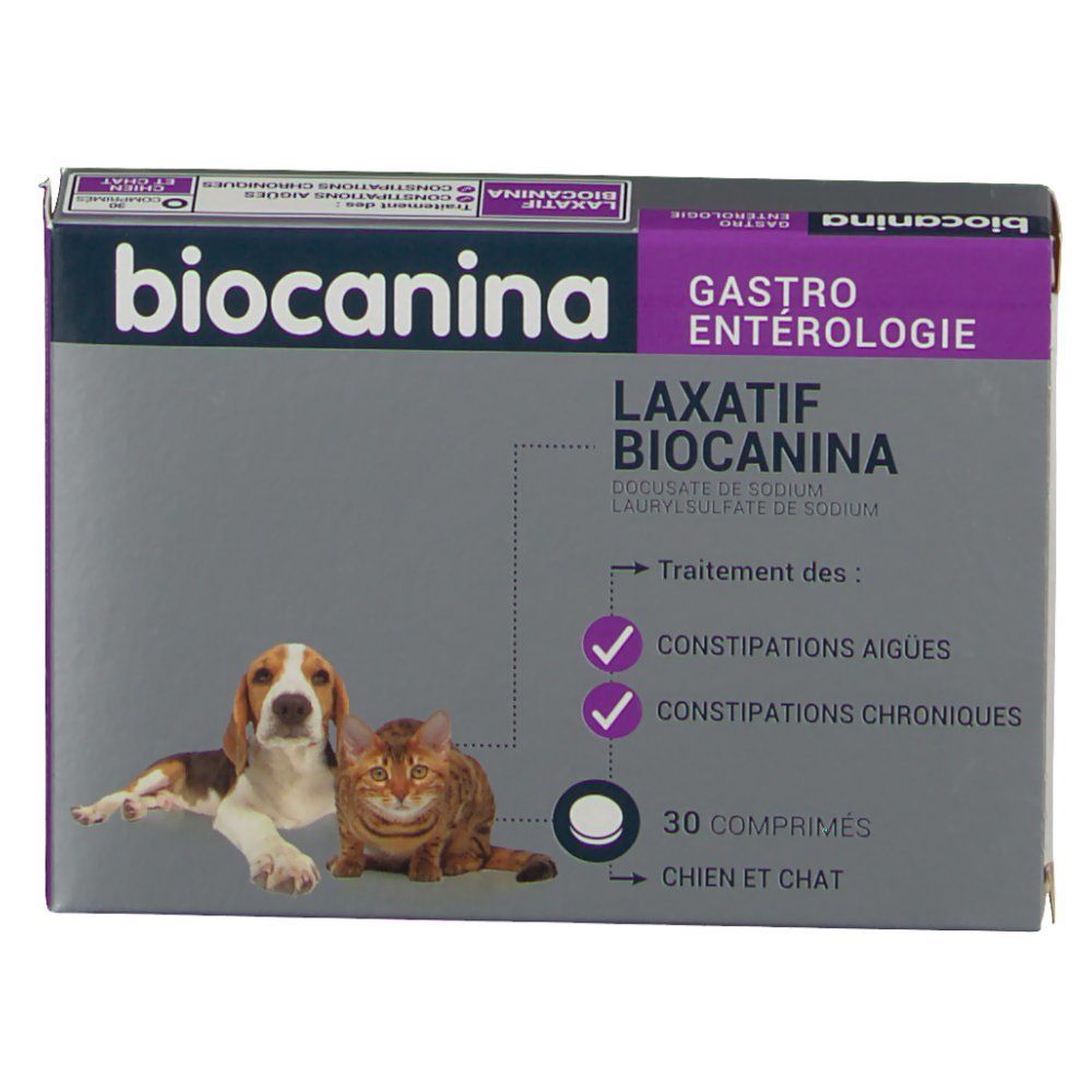 Boîte Biocanina. Texte: Laxatif Biocanina, 30 comprimés, pour chiens et chats. Image d'un chien et d'un chat.