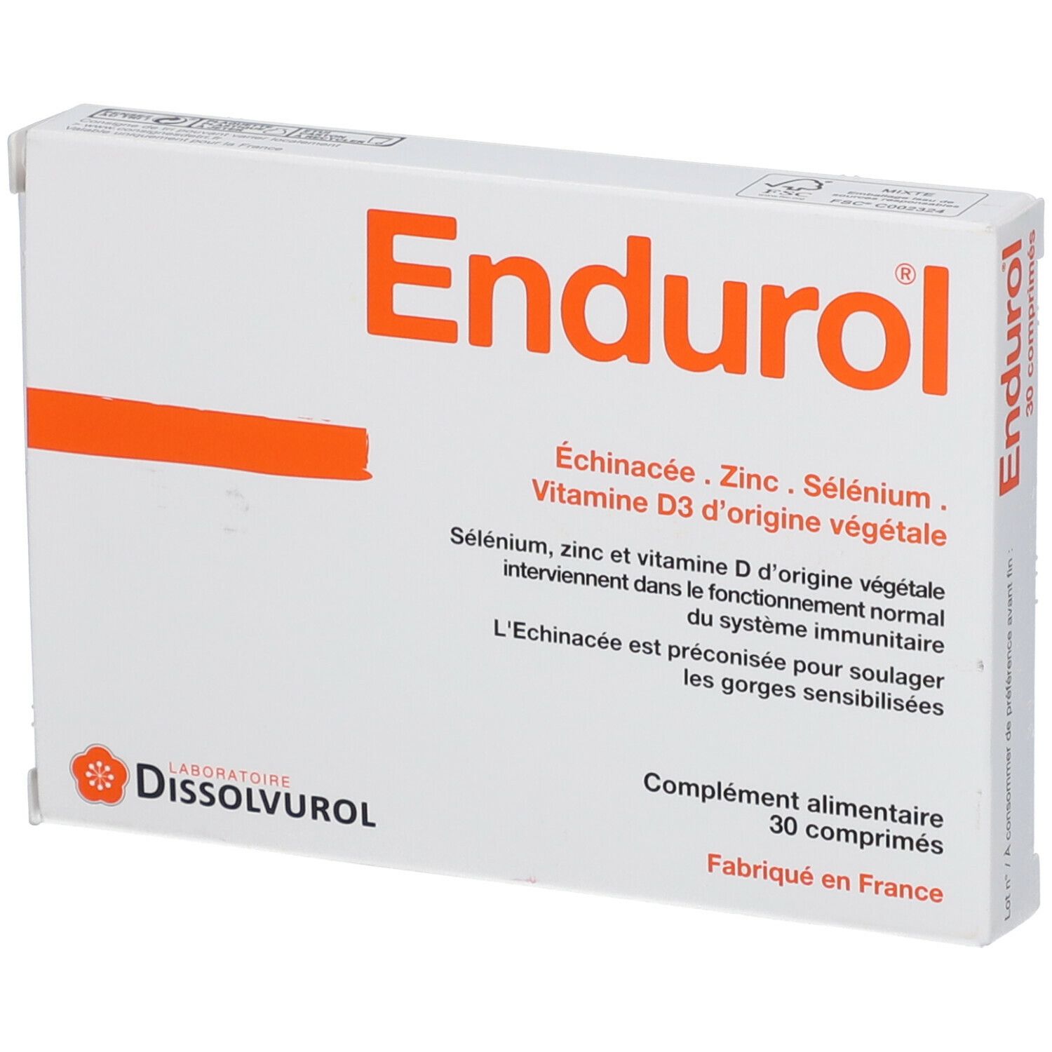 Boîte de comprimés "Endurol". Bande orange. Ingrédients: Échinacée, Zinc, Sélénium, Vitamine D3. 30 comprimés.