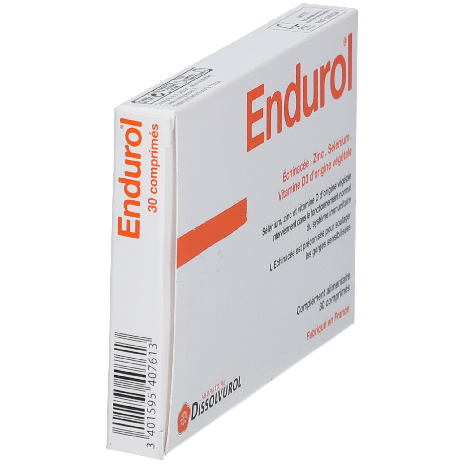 Boîte "Endurol" de 30 comprimés. Bande orange. Ingrédients: Échinacée, Zinc, Sélénium, Vitamine D3.