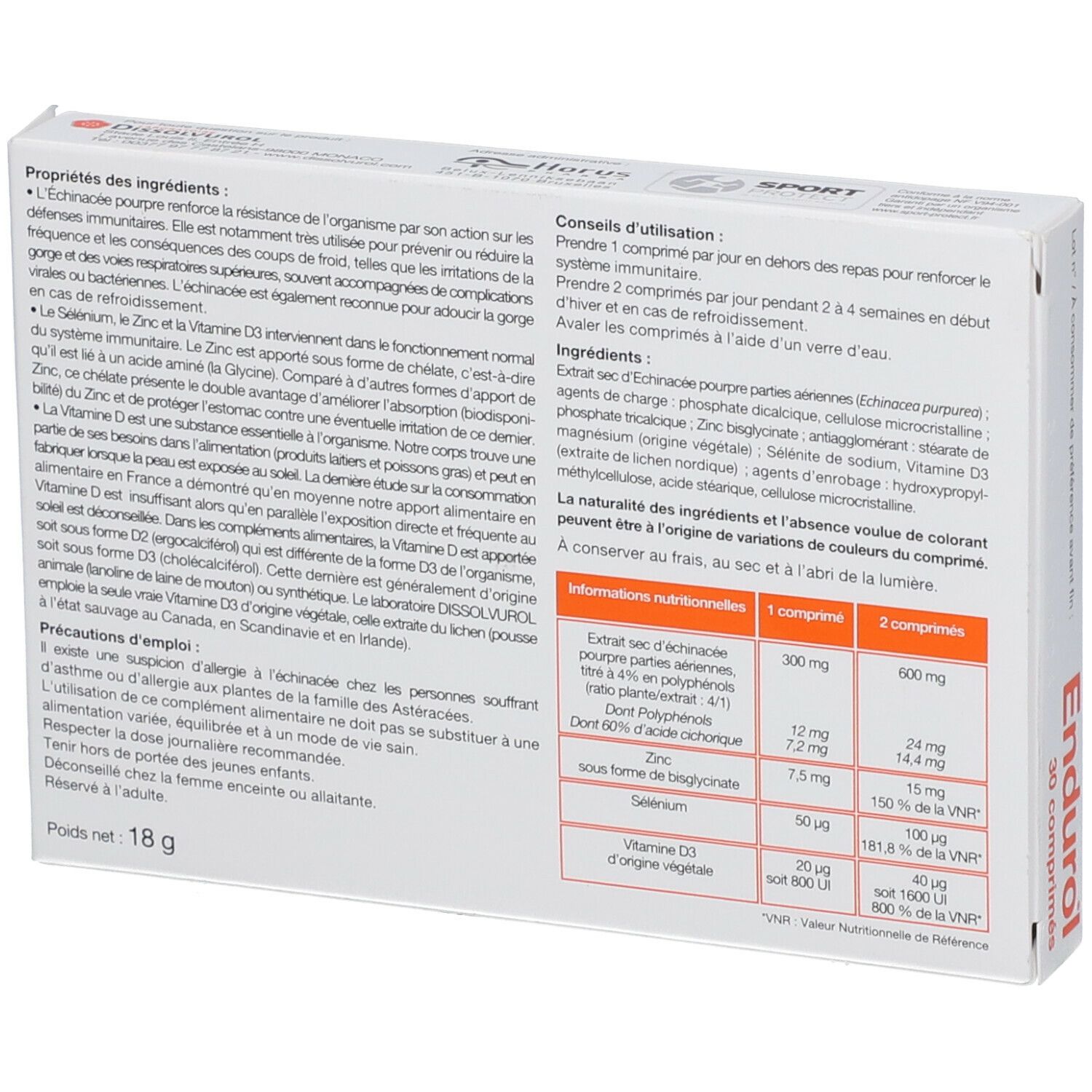 Dos de la boîte "Endurol". Liste des ingrédients, informations nutritionnelles. Contient: Extrait sec d'échinacée, Sélénium, Vitamine D3.