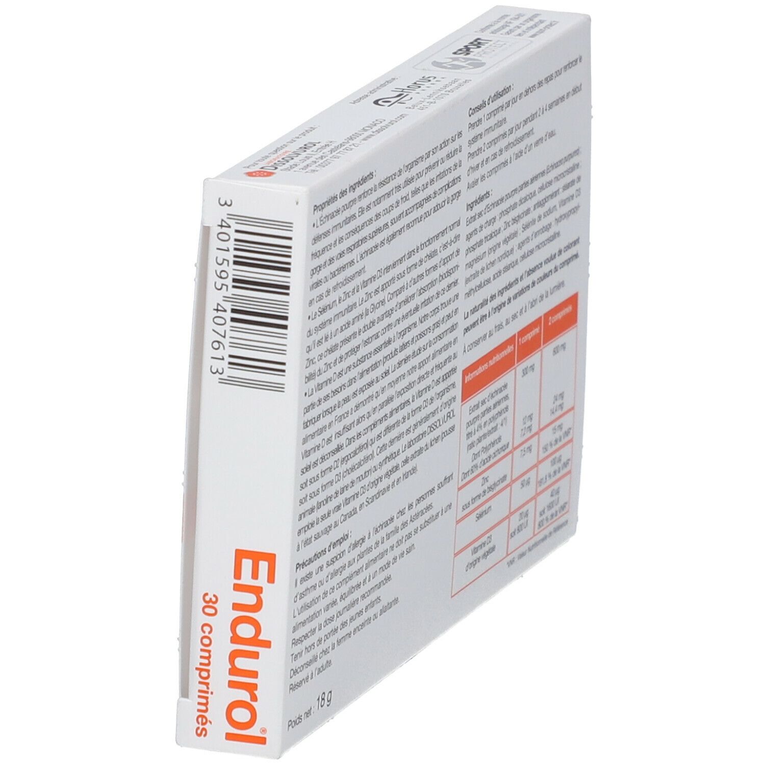 Dos de la boîte "Endurol". Liste des ingrédients, informations nutritionnelles. Contient: Extrait sec d'échinacée, Sélénium, Vitamine D3.