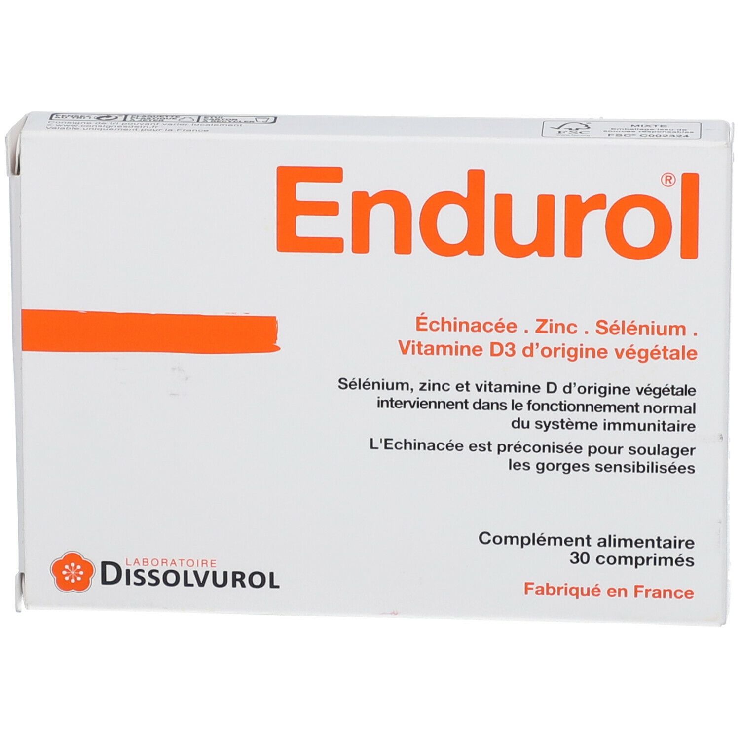 Boîte de comprimés "Endurol". Bande orange. Ingrédients: Échinacée, Zinc, Sélénium, Vitamine D3. 30 comprimés.