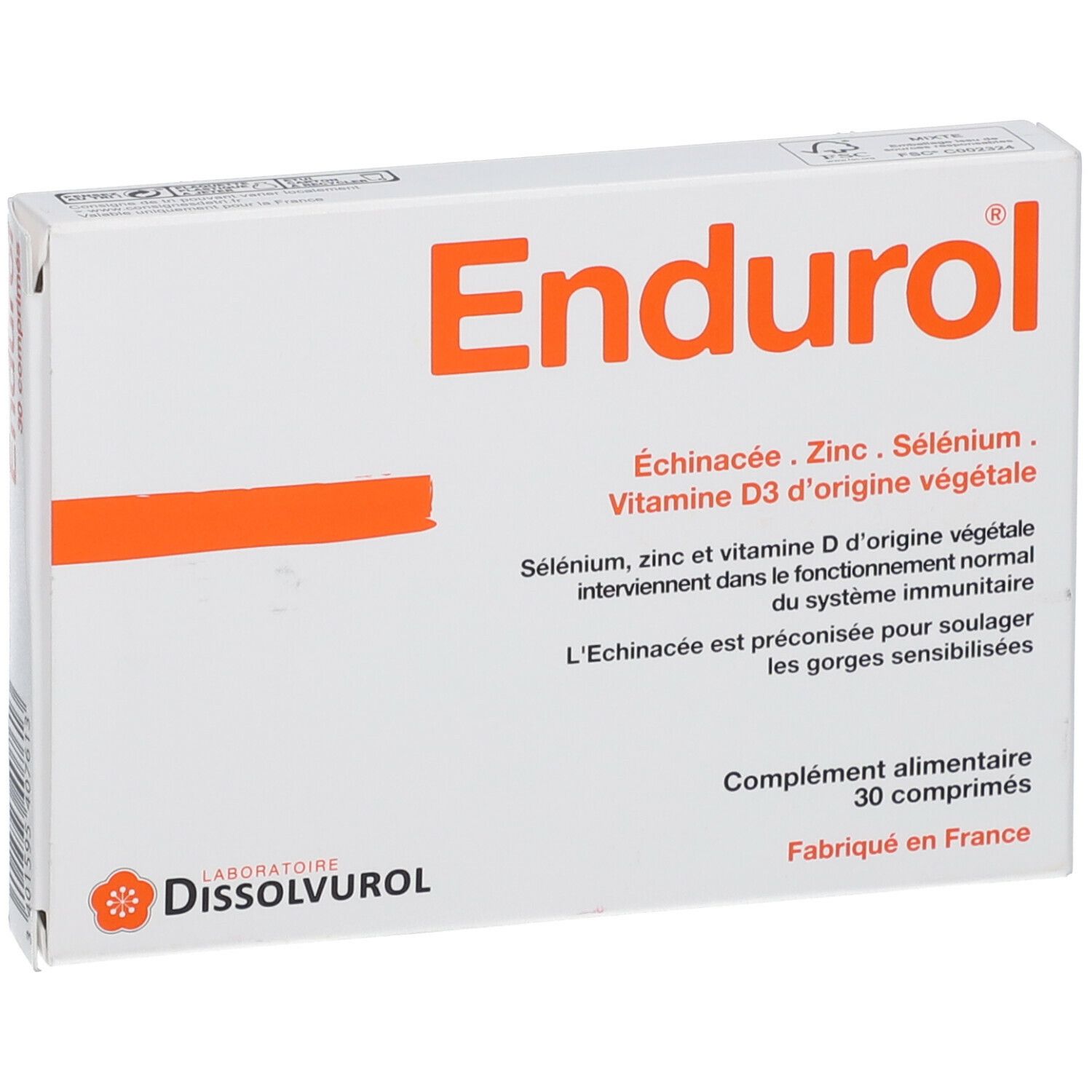 Boîte de comprimés "Endurol". Bande orange. Ingrédients: Échinacée, Zinc, Sélénium, Vitamine D3. 30 comprimés.