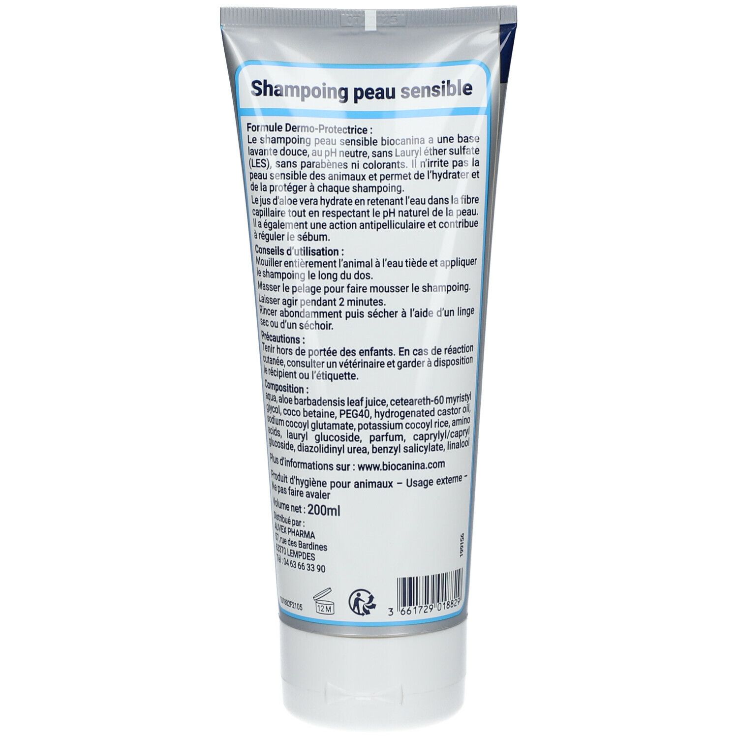 Rückseite der Shampoo-Tube. Text: Formule Dermo-Protectrice, Inhaltsstoffe, Anwendungshinweise. Weiße Schrift auf blauem Hintergrund.