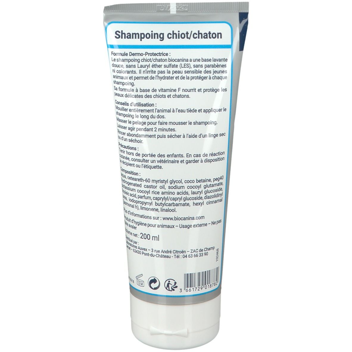 Dos du tube de shampooing Biocanina Chiot/Chaton. Texte et ingrédients. Tube blanc avec accents bleus.