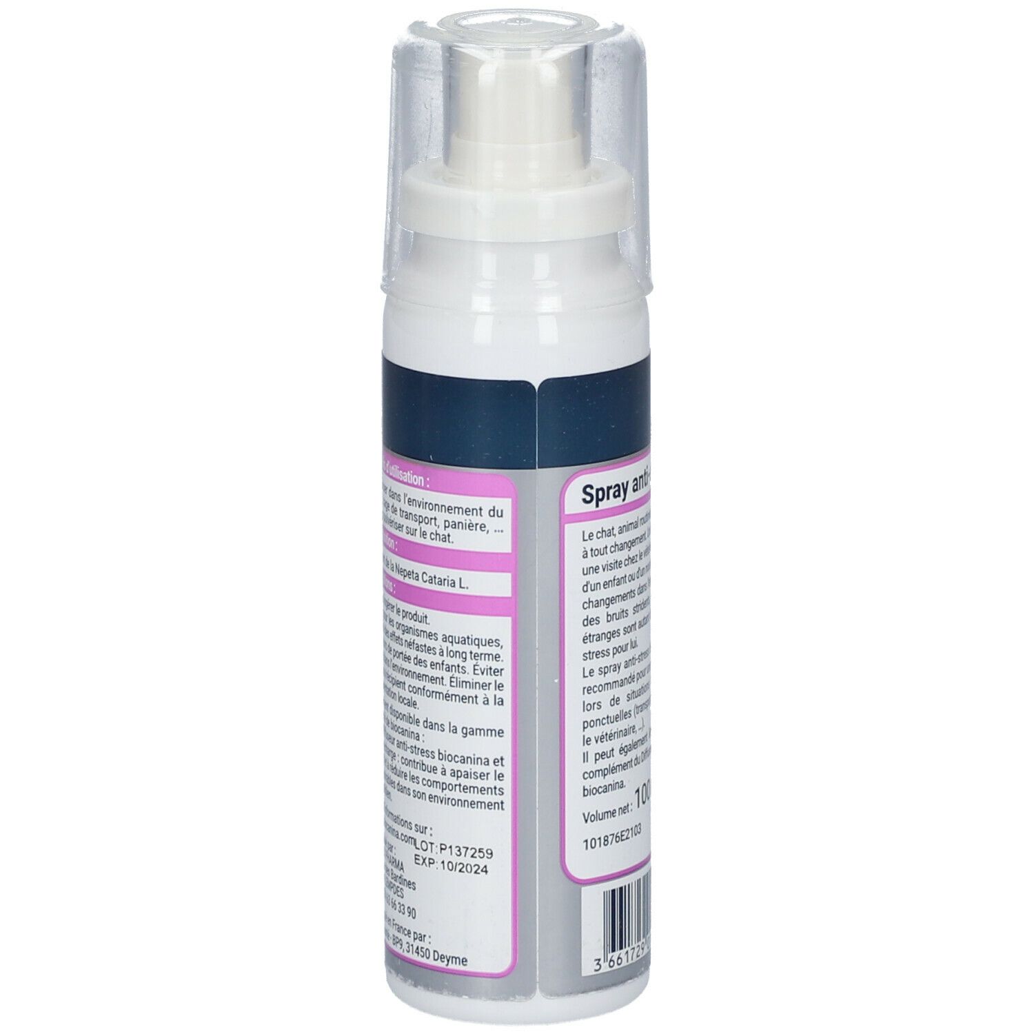Sprayflasche mit Produktinformationen. Aufschrift: Biocanina, Spray Anti-Stress. Enthält 100 ml.