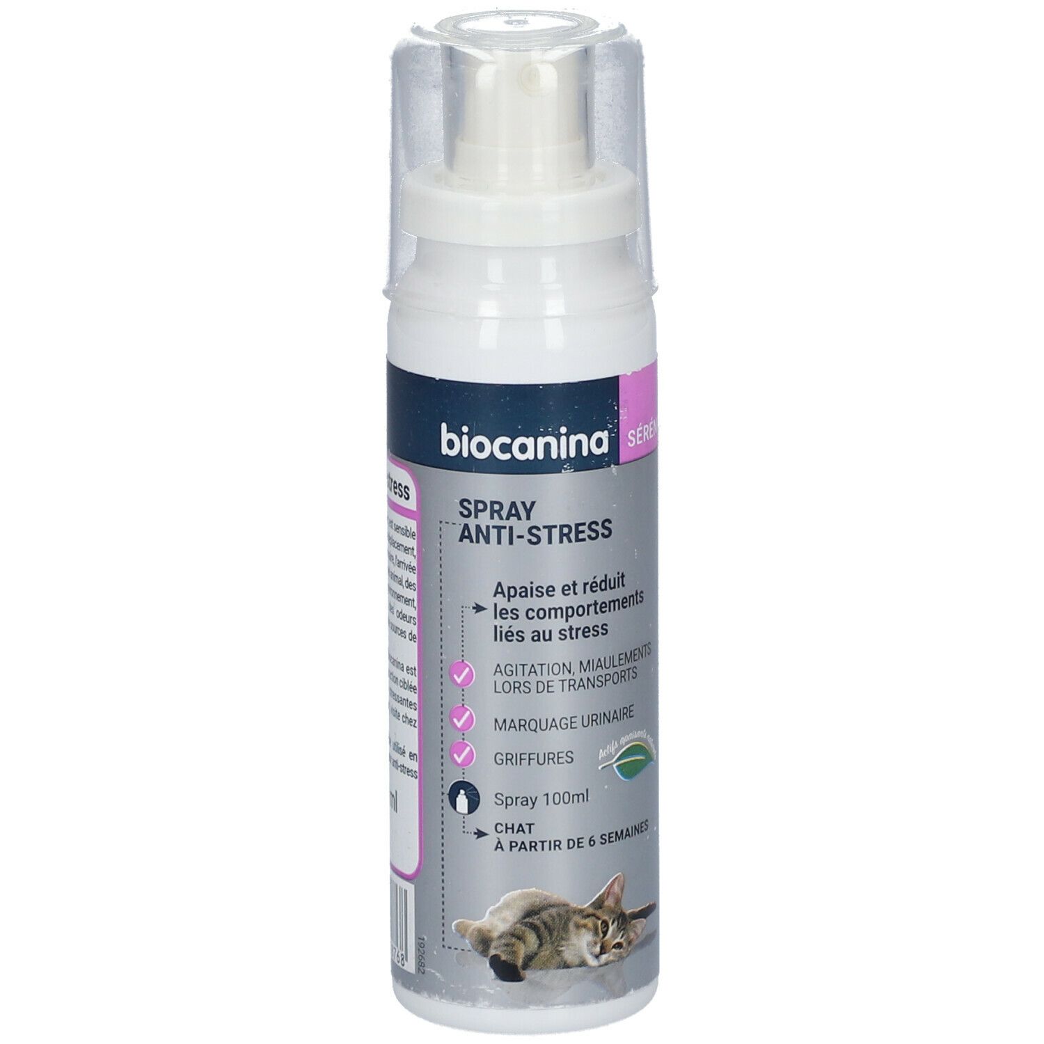 Sprayflasche mit Produktinformationen. Aufschrift: Biocanina, Anti-Stress Spray. Für Katzen ab 6 Wochen.