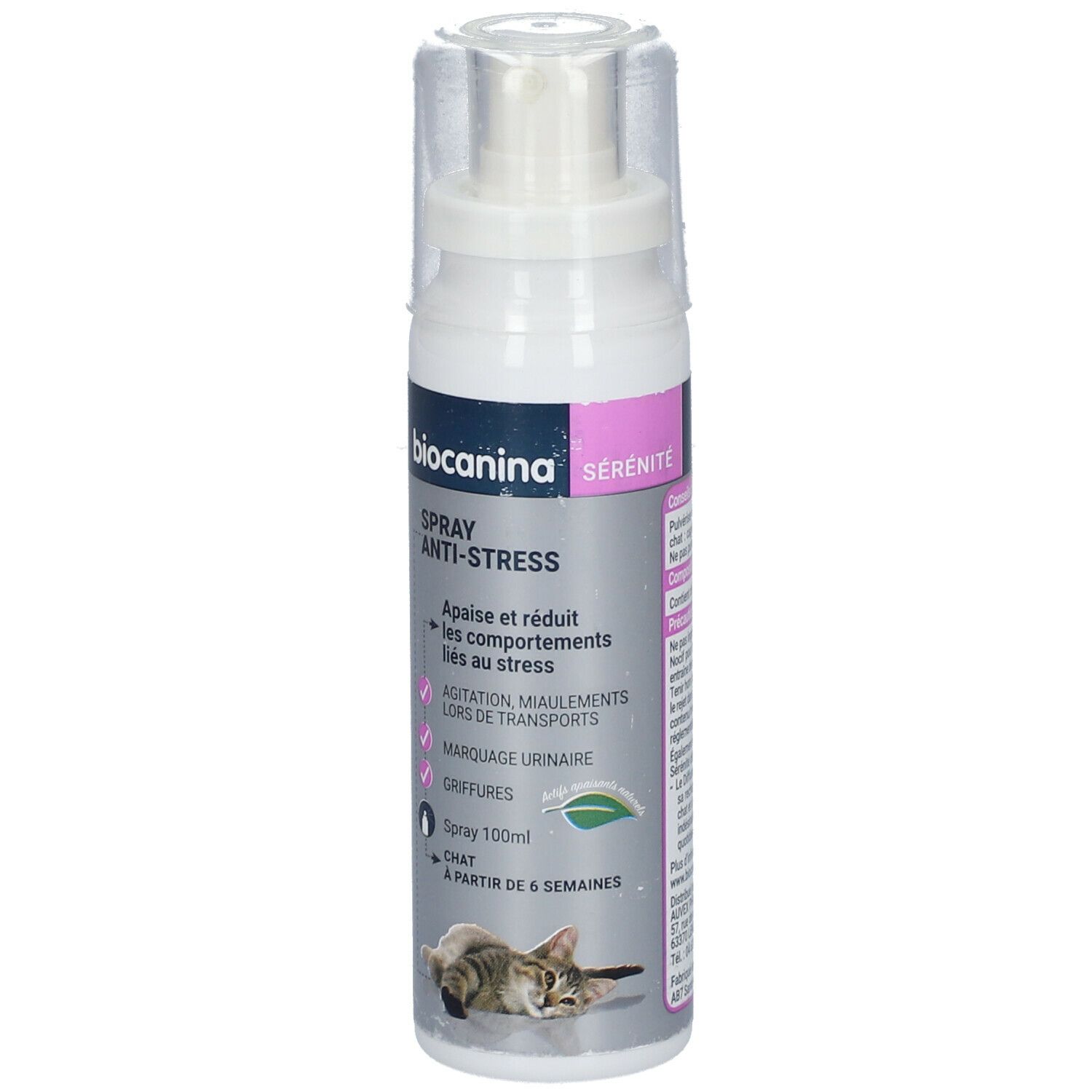 Sprayflasche mit Produktinformationen. Aufschrift: Biocanina, Serenite, Anti-Stress Spray. Für Katzen.