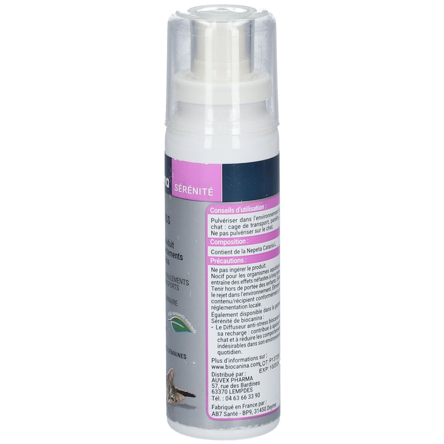 Sprayflasche mit Produktinformationen. Aufschrift: Biocanina, Serenite. Enthält Informationen zur Anwendung.