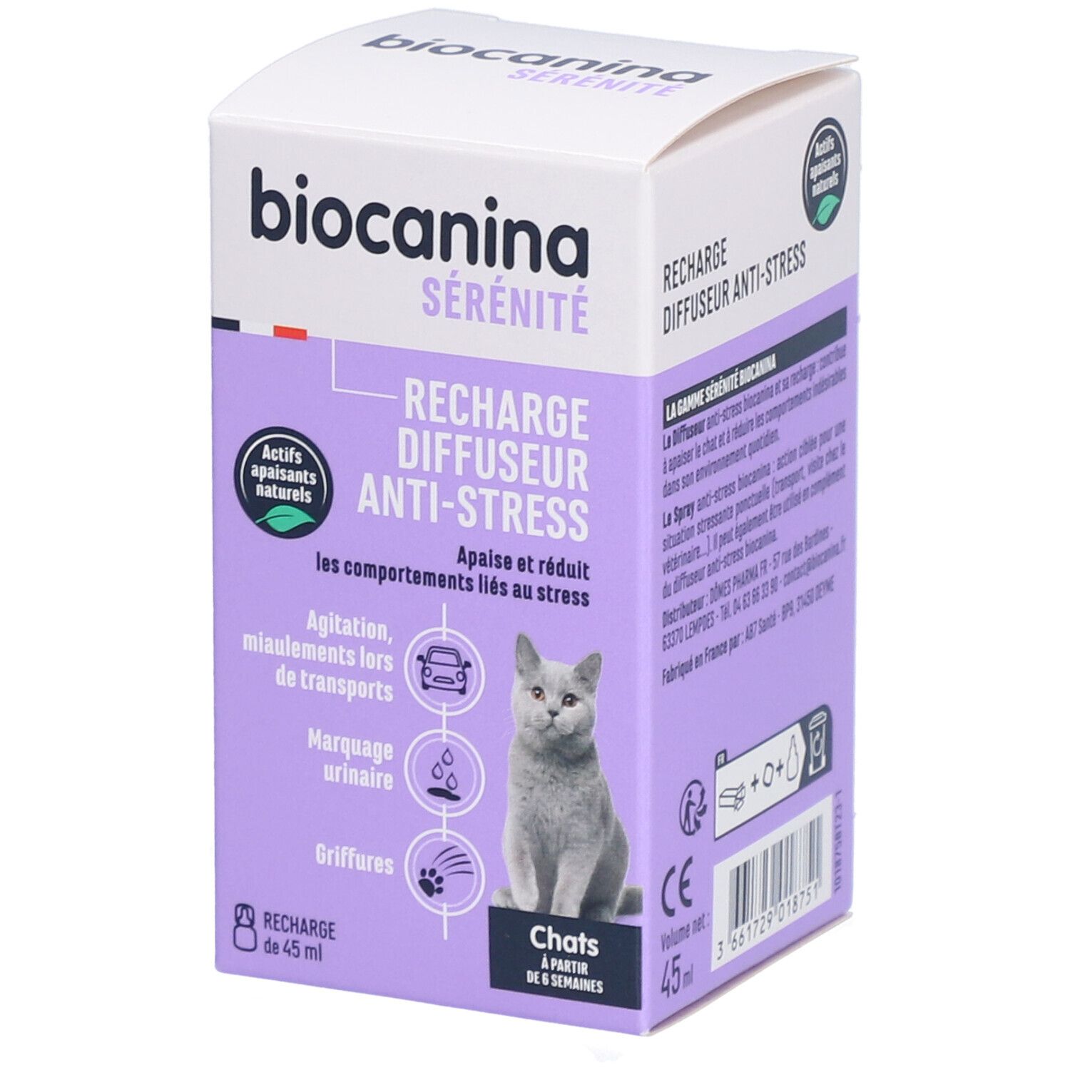 Boîte Biocanina Sérénité, Recharge Diffuseur Anti-Stress. Contient 45 ml. Pour chats dès 6 semaines. Ingrédients naturels. Illustration chat.