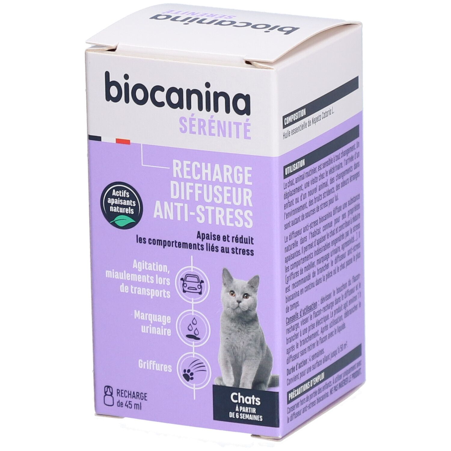 Boîte Biocanina Sérénité, Recharge Diffuseur Anti-Stress. Contient 45 ml. Pour chats dès 6 semaines. Ingrédients naturels. Illustration chat.