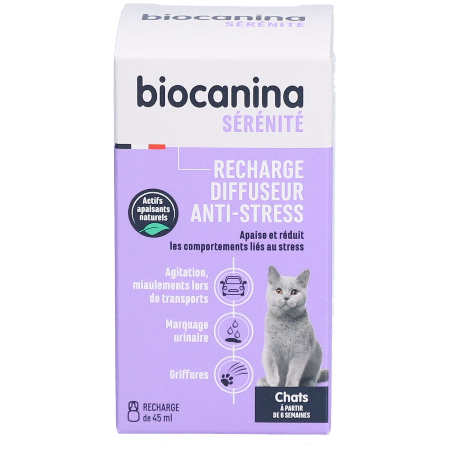 Boîte Biocanina Sérénité, Recharge Diffuseur Anti-Stress. Contient 45 ml. Pour chats dès 6 semaines. Ingrédients naturels. Illustration chat.