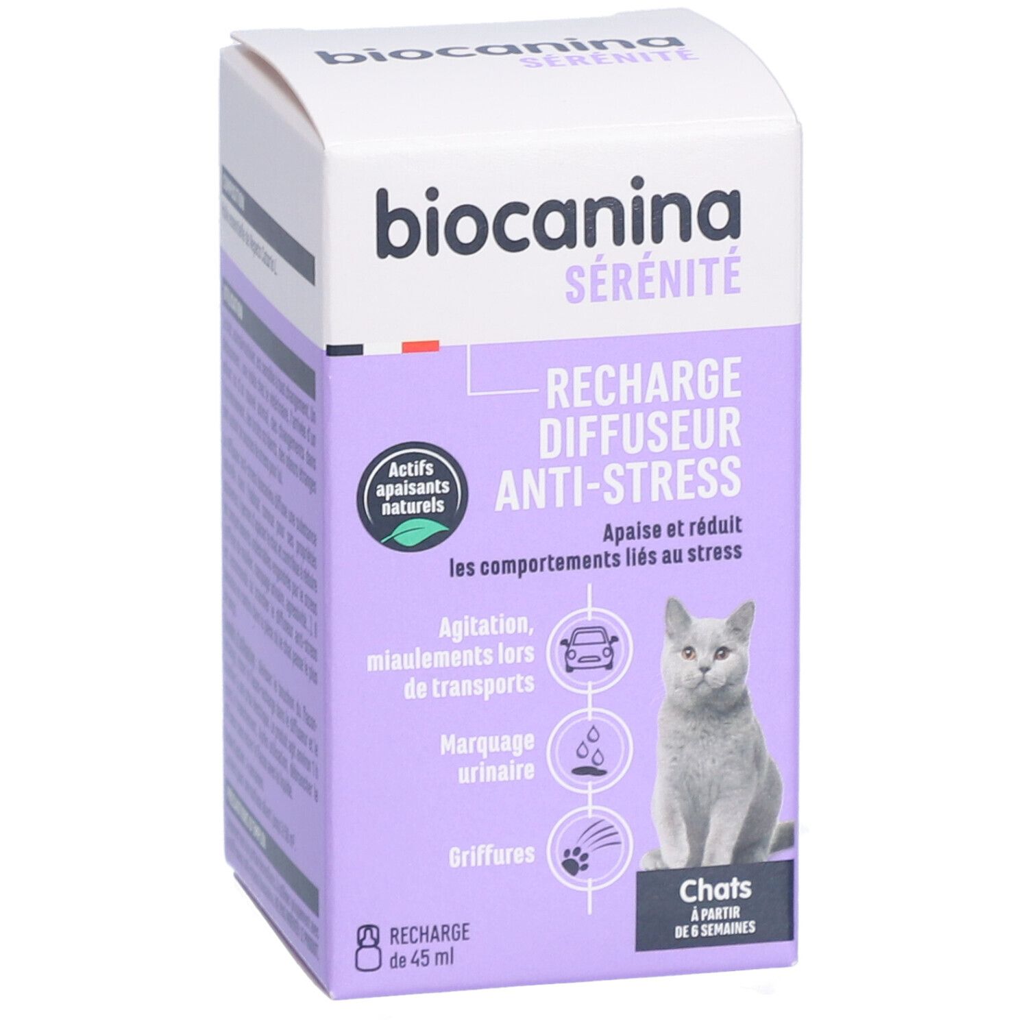 Boîte Biocanina Sérénité, Recharge Diffuseur Anti-Stress. Contient 45 ml. Pour chats dès 6 semaines. Ingrédients naturels. Illustration chat.