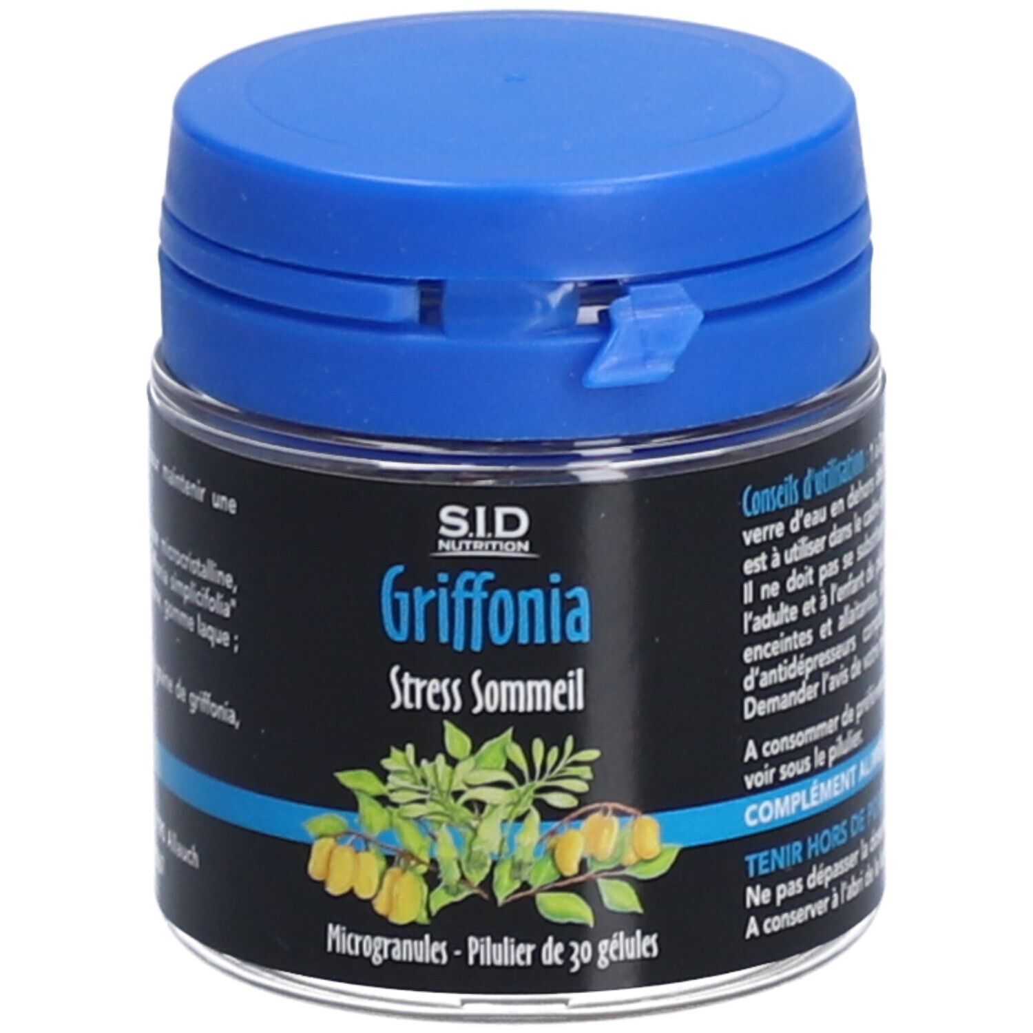Flacon bleu et noir. Inscription: SID Nutrition, Griffonia, Stress Sommeil. Illustration de feuilles et de fruits.