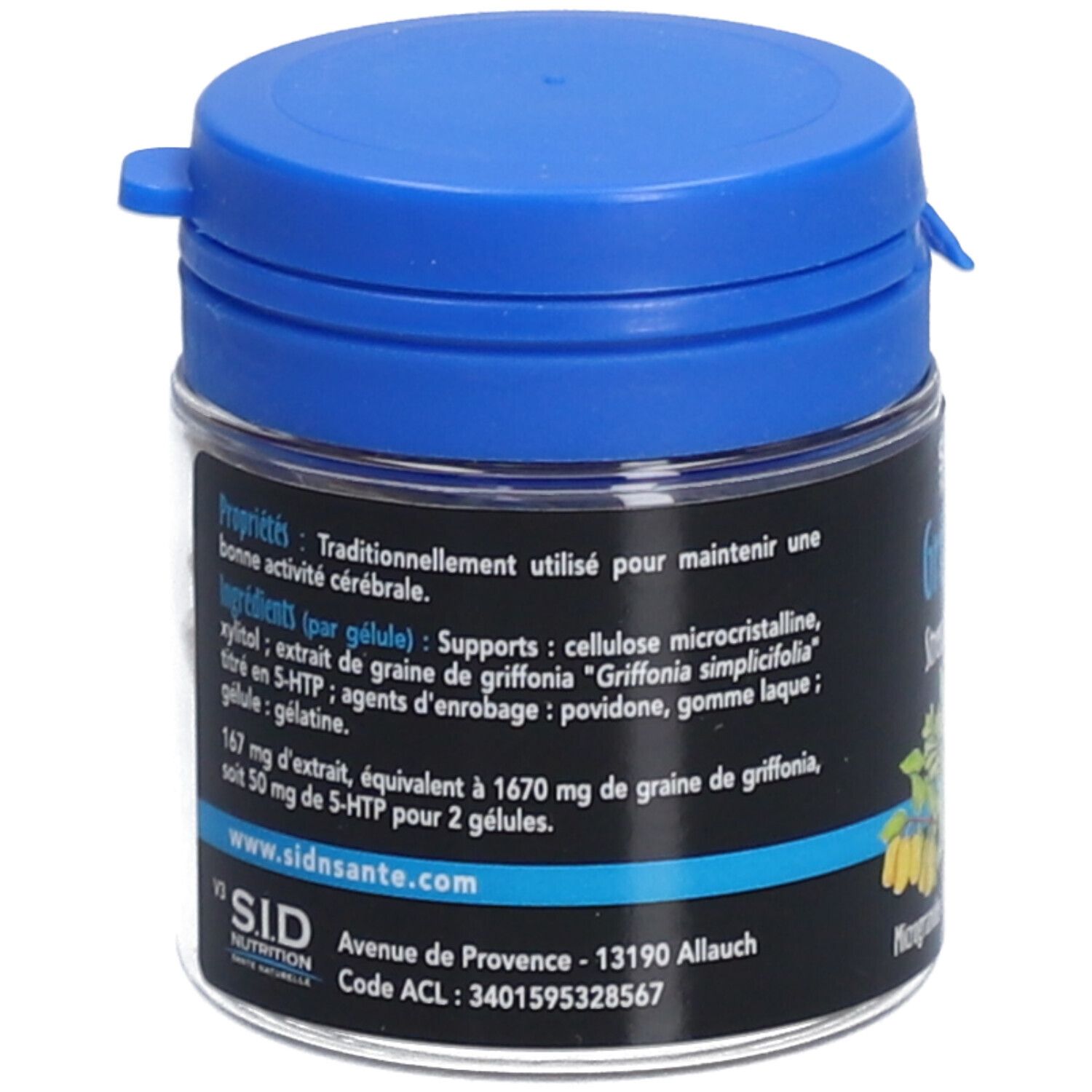 Dos du flacon. Inscription: SID Nutrition, Griffonia. Liste des ingrédients et adresse. Couvercle bleu.