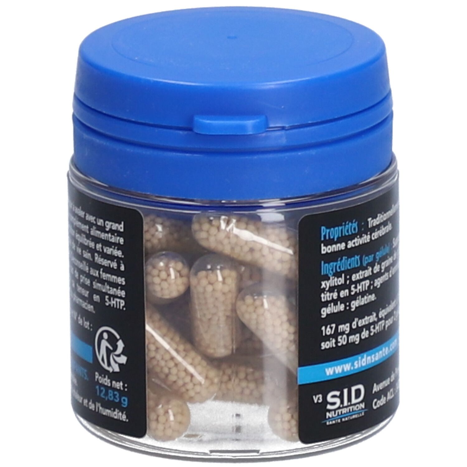 Flacon transparent avec gélules. Inscription: SID Nutrition. Couvercle bleu. Gélules remplies de petites billes.