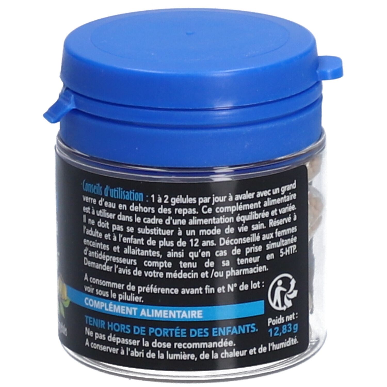 Flacon avec couvercle bleu. Inscription: SID Nutrition, Griffonia. Conseils d'utilisation et avertissements.