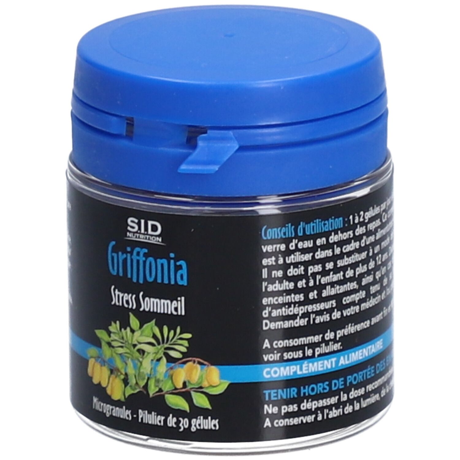 Flacon avec couvercle bleu. Inscription: SID Nutrition, Griffonia, Stress Sommeil. Illustration de feuilles et fruits.
