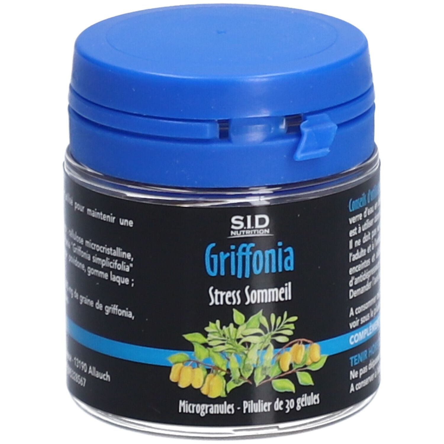 Flacon avec couvercle bleu. Inscription: SID Nutrition, Griffonia, Stress Sommeil. Illustration de feuilles et fruits.