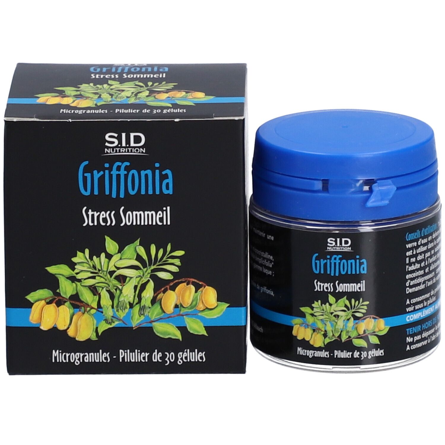 Emballage et flacon. Inscription: SID Nutrition, Griffonia, Stress Sommeil. Illustration de feuilles et fruits.