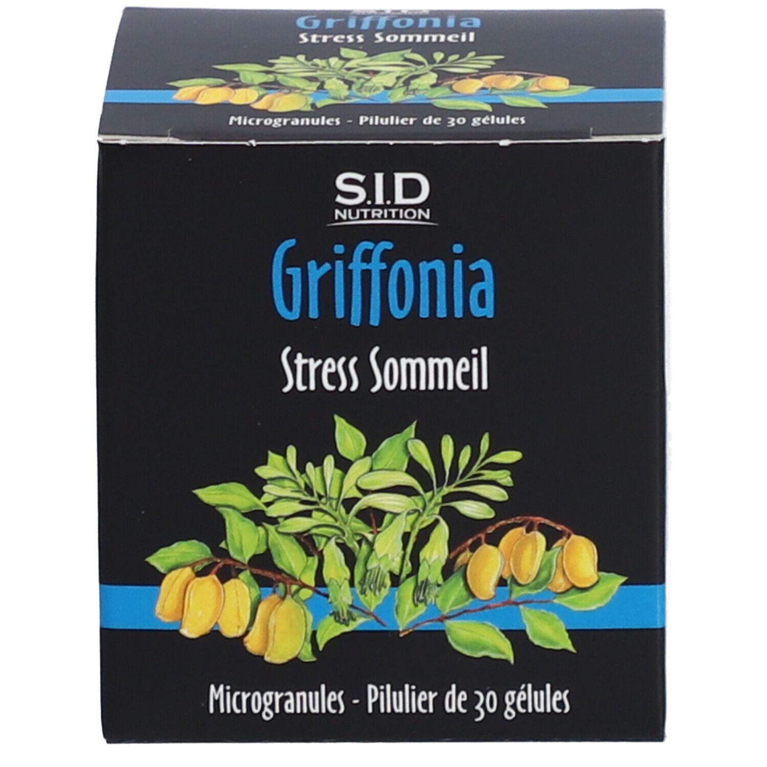Emballage du produit. Inscription: SID Nutrition, Griffonia, Stress Sommeil. Illustration de feuilles et fruits.