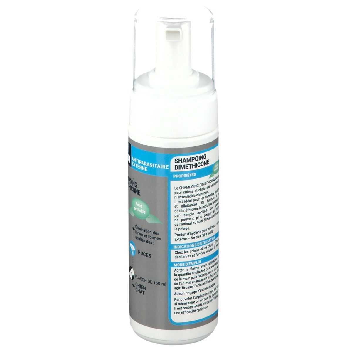 Flacon blanc avec pompe. Texte sur fond gris. Informations sur l'utilisation et les ingrédients.