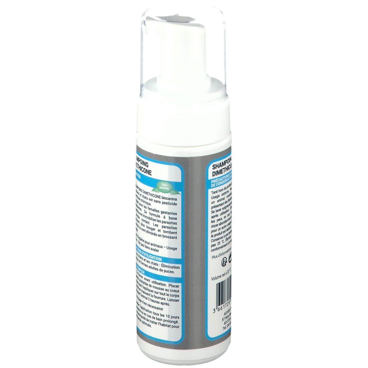 Flacon blanc avec pompe. Texte sur fond gris. Informations sur l'utilisation et les ingrédients.