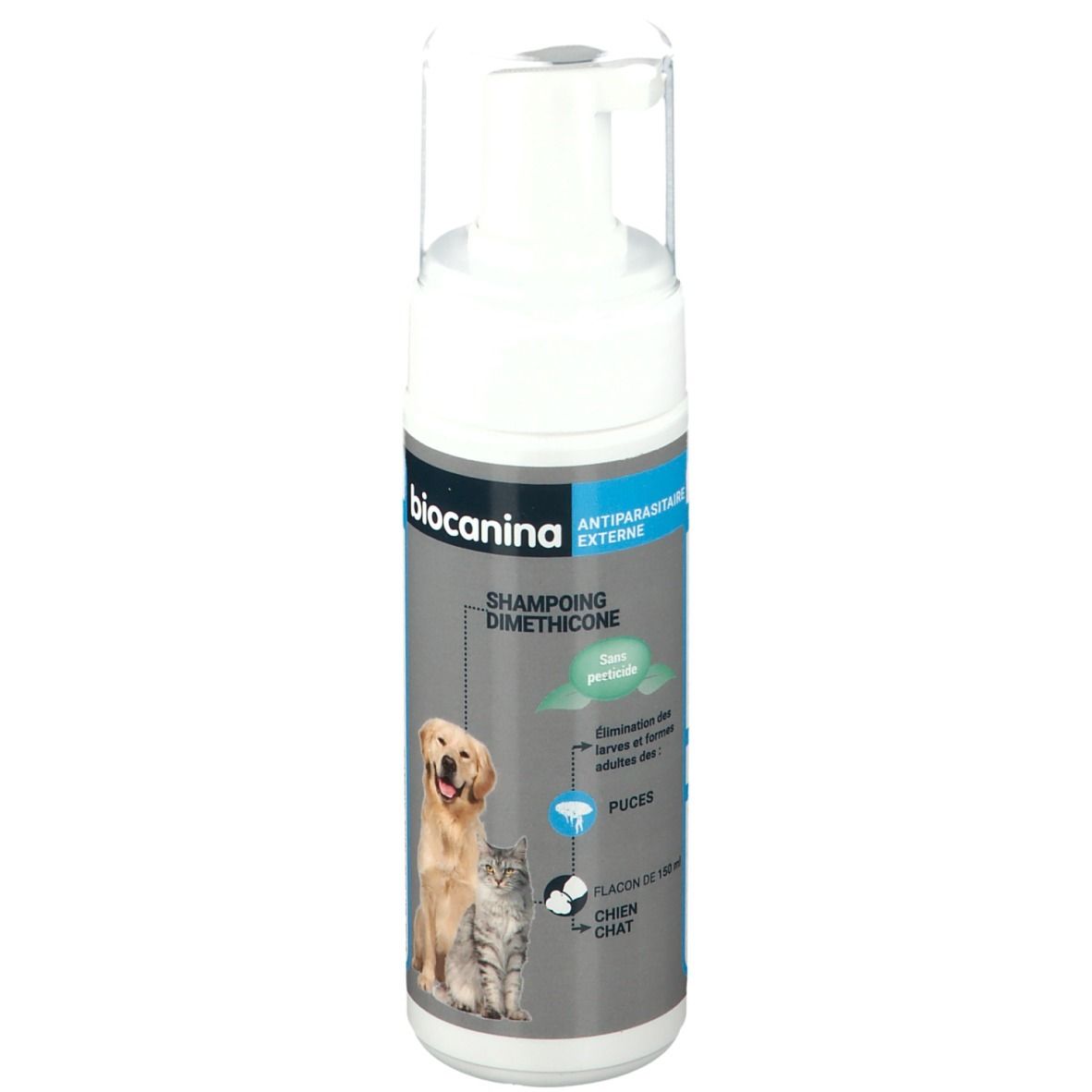 Flacon blanc avec pompe. Inscription: Biocanina, Shampooing Dimethicone. Image chien et chat.