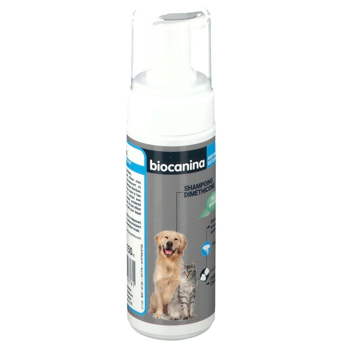 Flacon blanc avec pompe. Inscription: Biocanina, Shampooing Dimethicone. Image chien et chat.