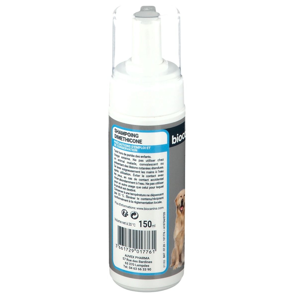 Flacon blanc avec pompe. Inscription: Biocanina, Shampooing Dimethicone. Dos avec texte et chien.