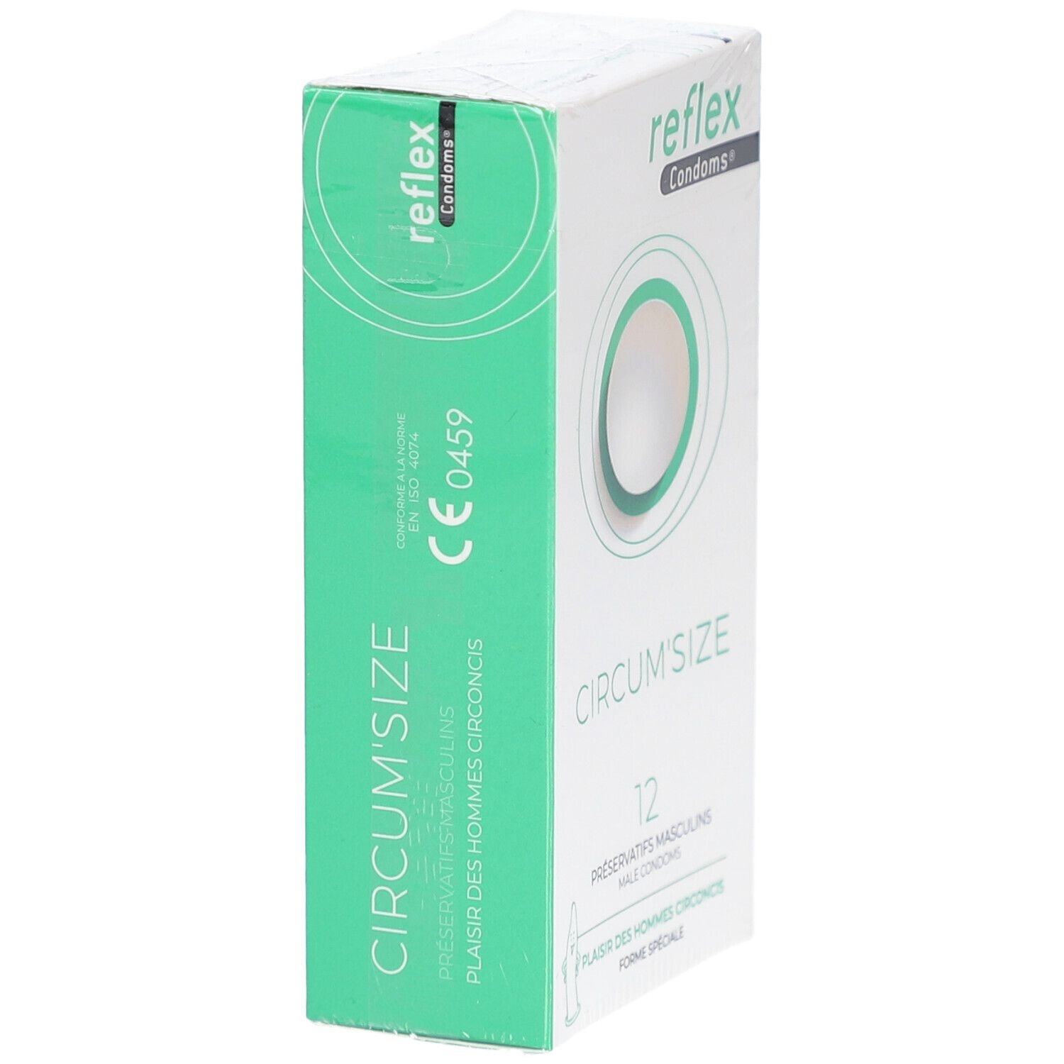Kondom-Schachtel, grün-weiß. Aufschrift: Reflex, Circum'Size, 12 Stück. CE-Kennzeichnung.