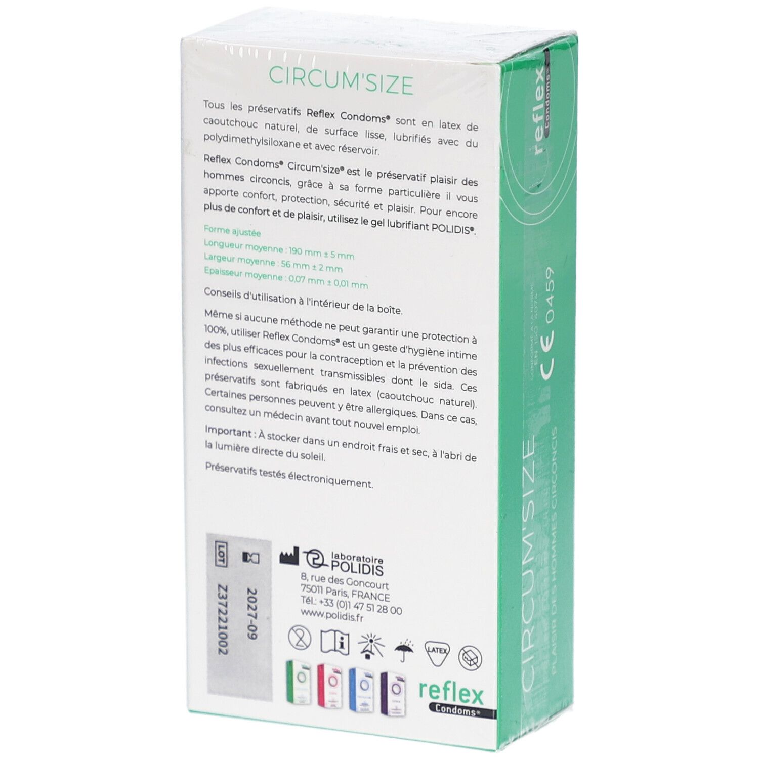 Rückseite der Kondom-Schachtel. Textinformationen, CE-Kennzeichnung, Herstelleradresse, Haltbarkeitsdatum.