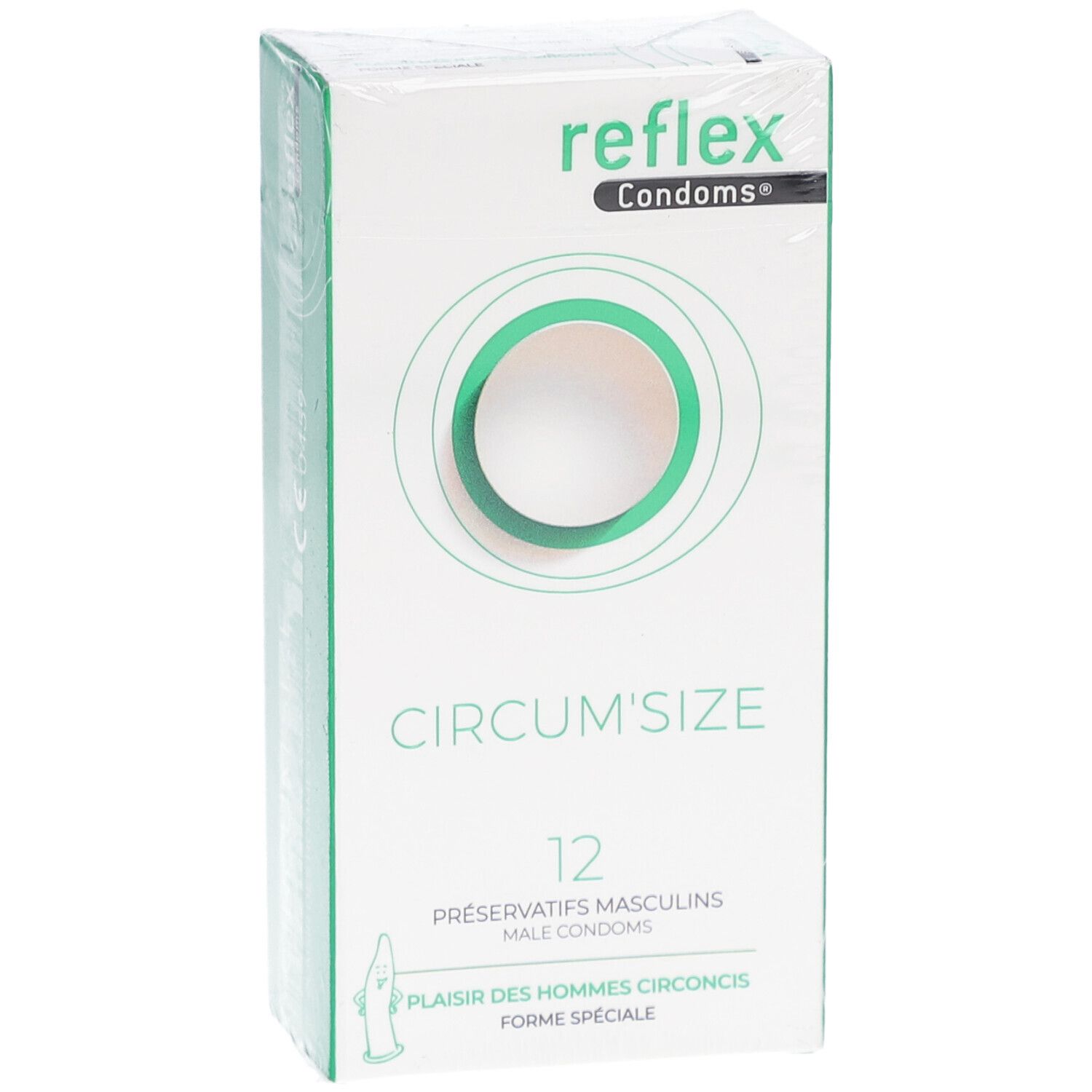Kondom-Schachtel, eingeschweißt. Aufschrift: Reflex, Circum'Size, 12 Stück. Grün-weiße Verpackung.