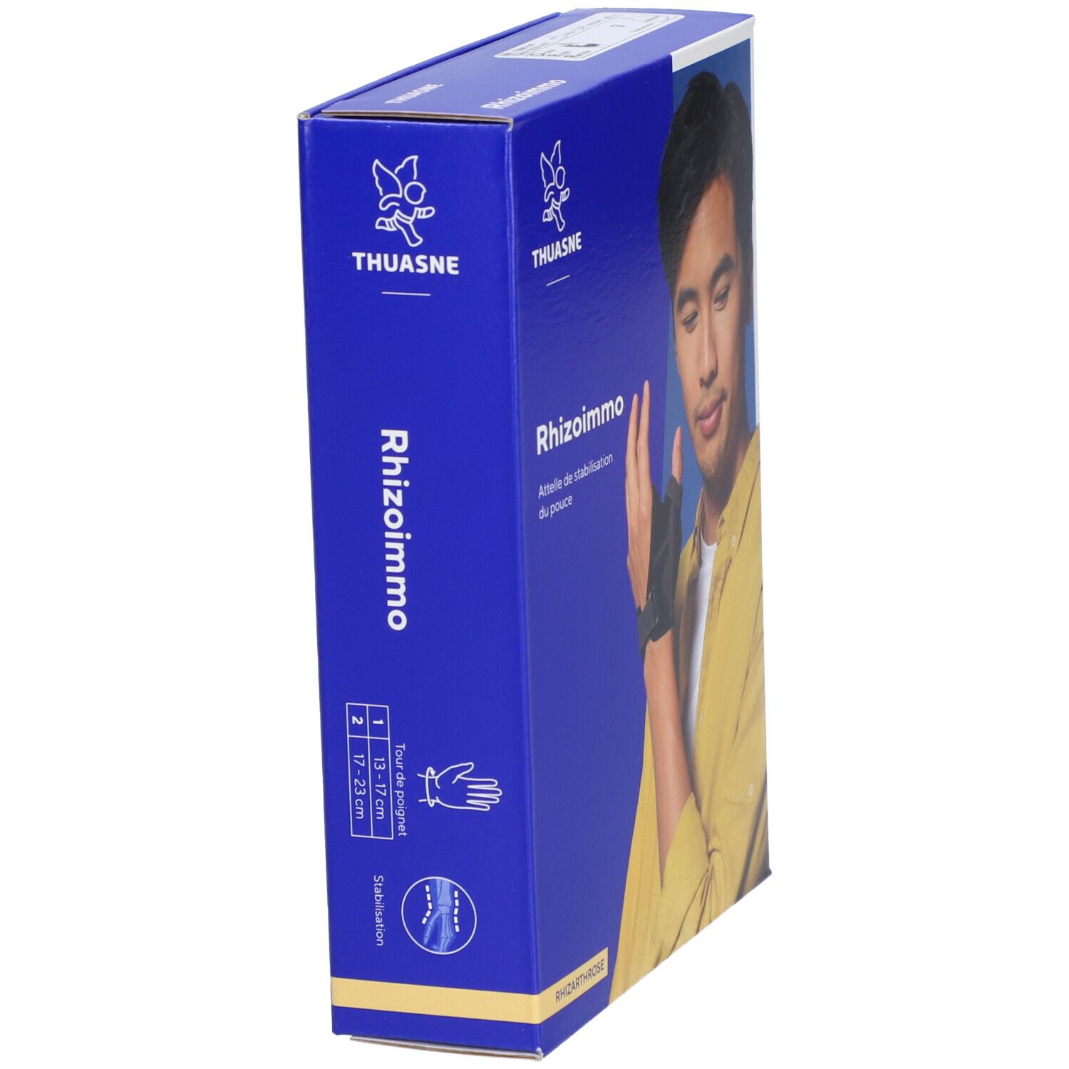 Côté boîte Rhizommo, attelle de pouce. Tailles et marque THUASNE. Bleu.