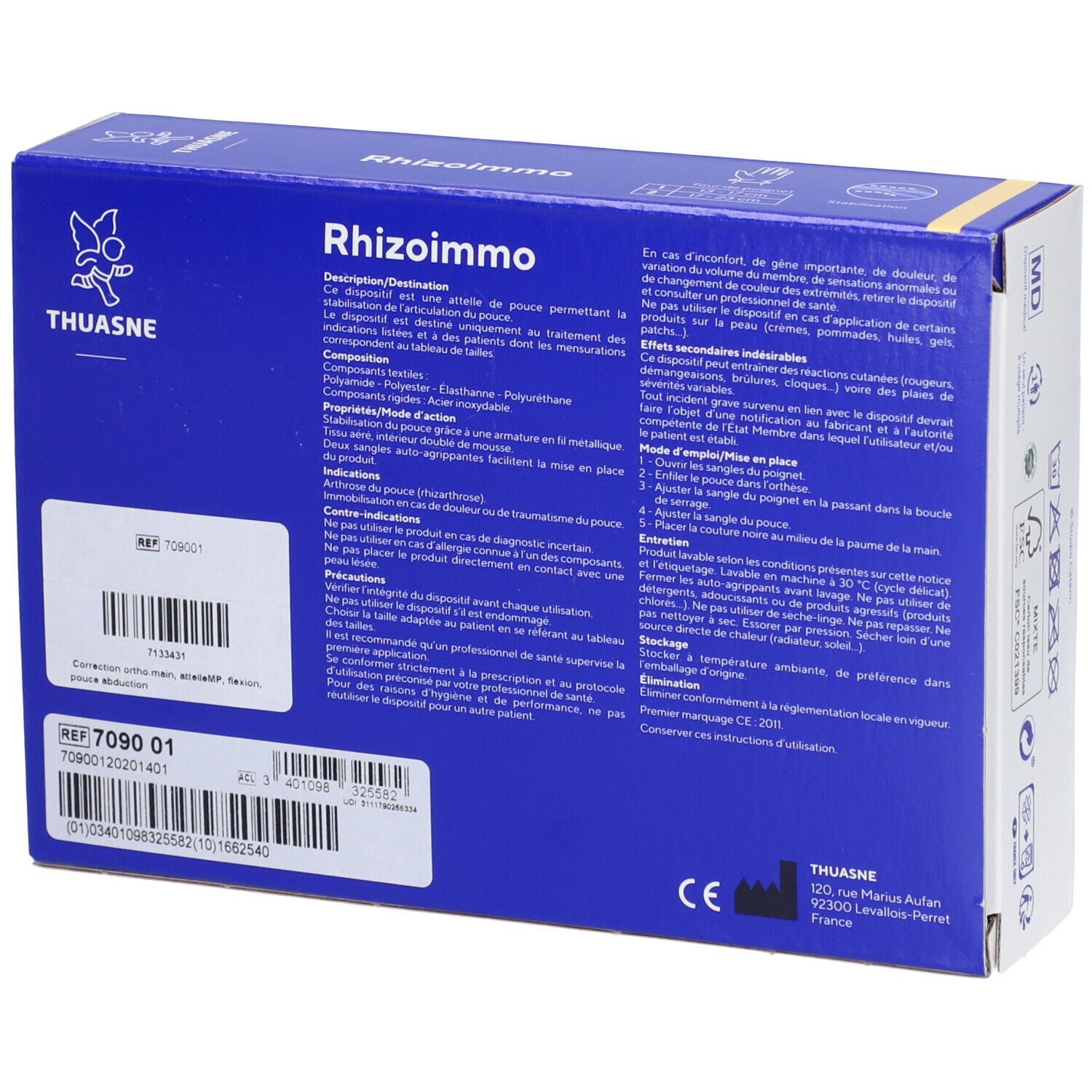 Dos boîte Rhizommo, attelle de pouce. Informations produit et marquage CE. THUASNE.