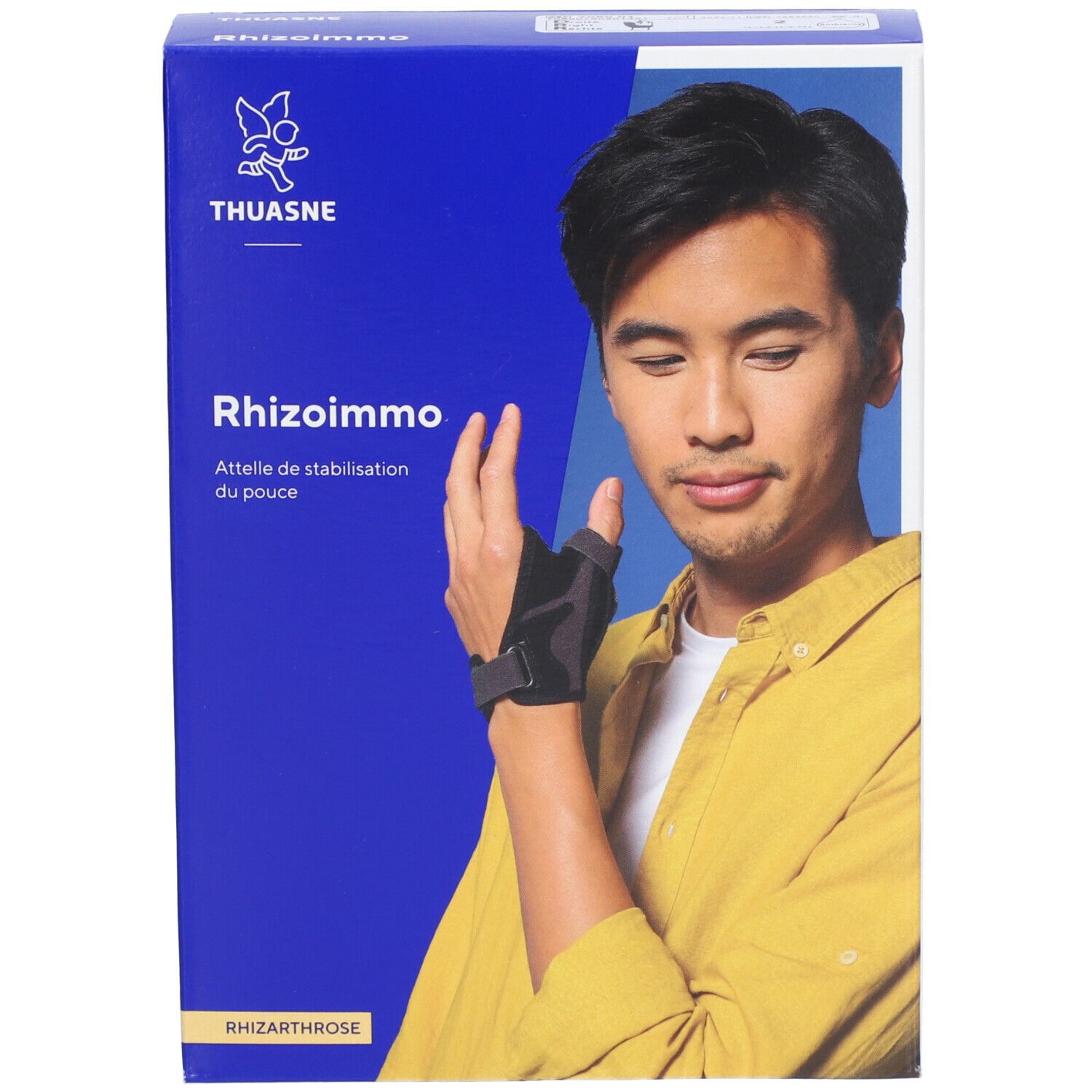 Boîte Rhizommo, attelle de pouce. Homme portant l'attelle. Marque THUASNE. Bleu et blanc.