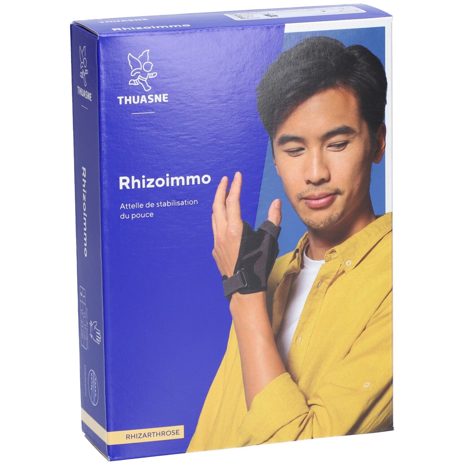Boîte Rhizommo, attelle de pouce. Homme portant l'attelle. Marque THUASNE. Bleu et blanc.
