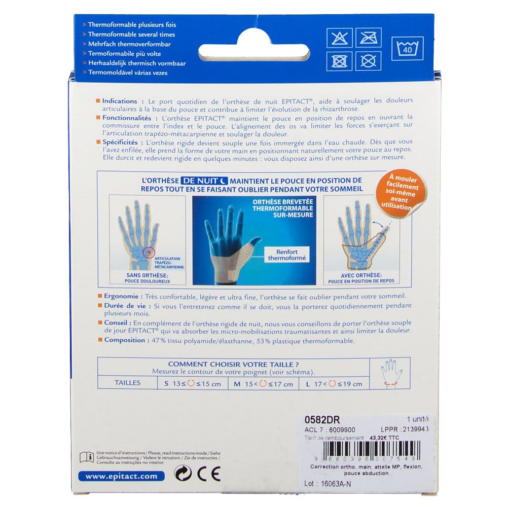 Dos de l'emballage de l'orthèse de pouce Epitact®. Informations produit, tailles et certifications sont visibles.