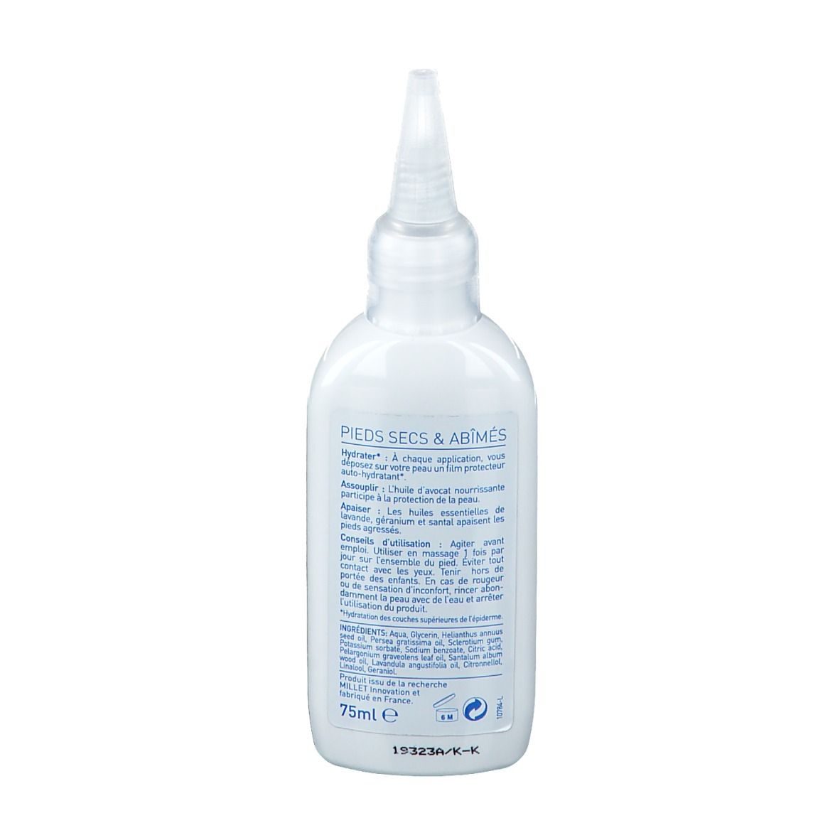 Dos du flacon blanc. Texte: PIEDS SECS & ABIMÉS, 75ml, ingrédients. Logo: CE. Texte: 19323A/K-K.
