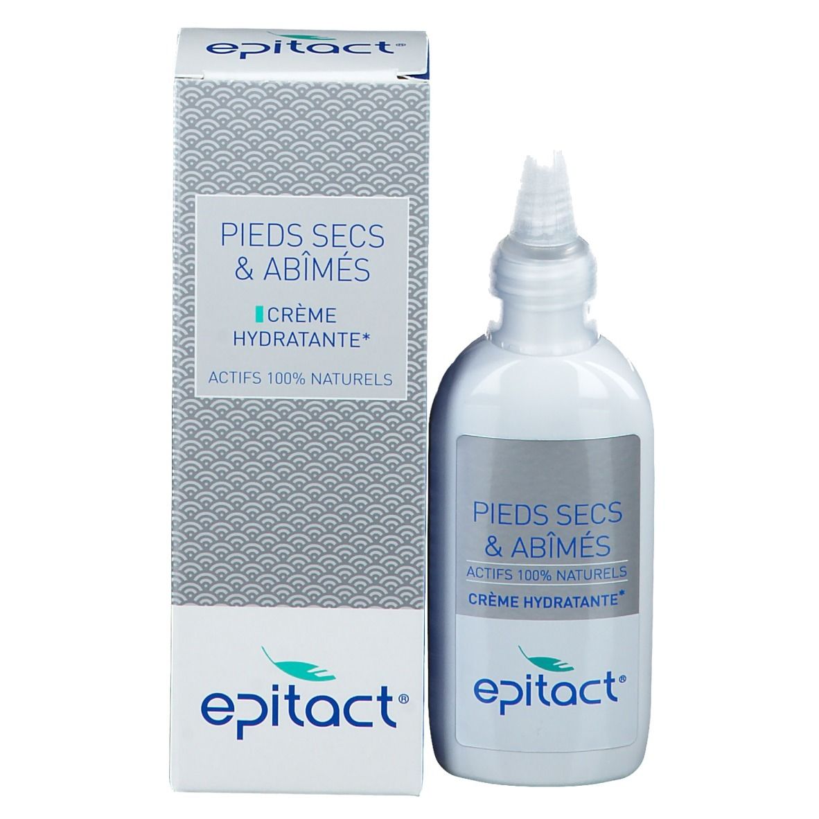 Emballage et flacon. Emballage: blanc avec motif vagues, texte: PIEDS SECS & ABIMÉS, CRÈME HYDRATANTE. Flacon: blanc, applicateur pointu.