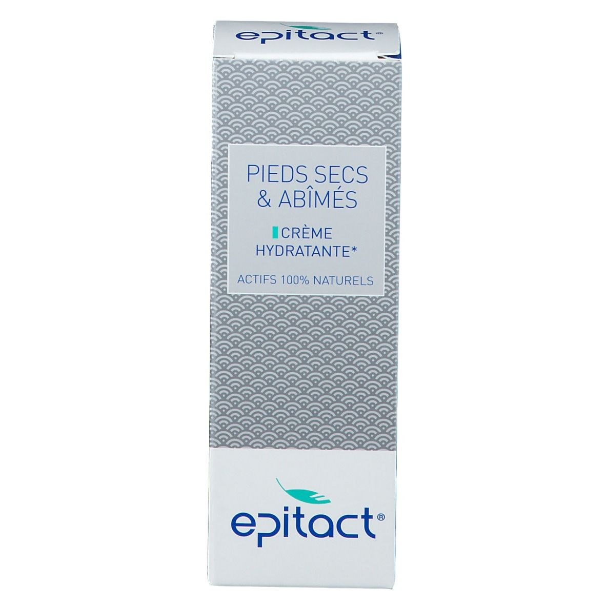 Emballage du produit. Blanc avec motif vagues. Texte: PIEDS SECS & ABIMÉS, CRÈME HYDRATANTE, ACTIFS 100% NATURELS. Marque: epitact.