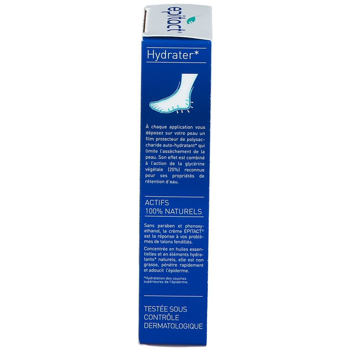 Emballage du produit, côté bleu. Texte: Hydrater*, ACTIFS 100% NATURELS. Illustration de pied. Texte: TESTÉ SOUS CONTRÔLE DERMATOLOGIQUE.