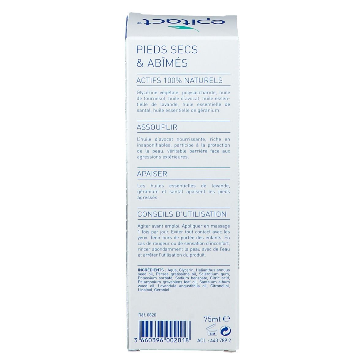 Emballage du produit, dos. Texte: PIEDS SECS & ABIMÉS, ACTIFS 100% NATURELS, ingrédients, conseils d'utilisation, 75ml.