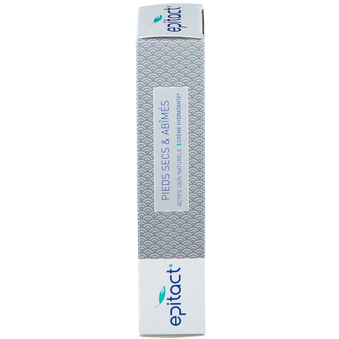 Emballage du produit, côté étroit. Texte: PIEDS SECS & ABIMÉS, CRÈME HYDRATANTE. Marque: epitact. Motif vagues.