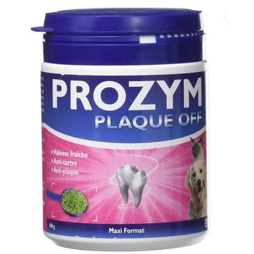 Boîte bleue "PROZYM Plaque Off". Image d'une dent, chien et chat. "Maxi Format". Ingrédients et logo.