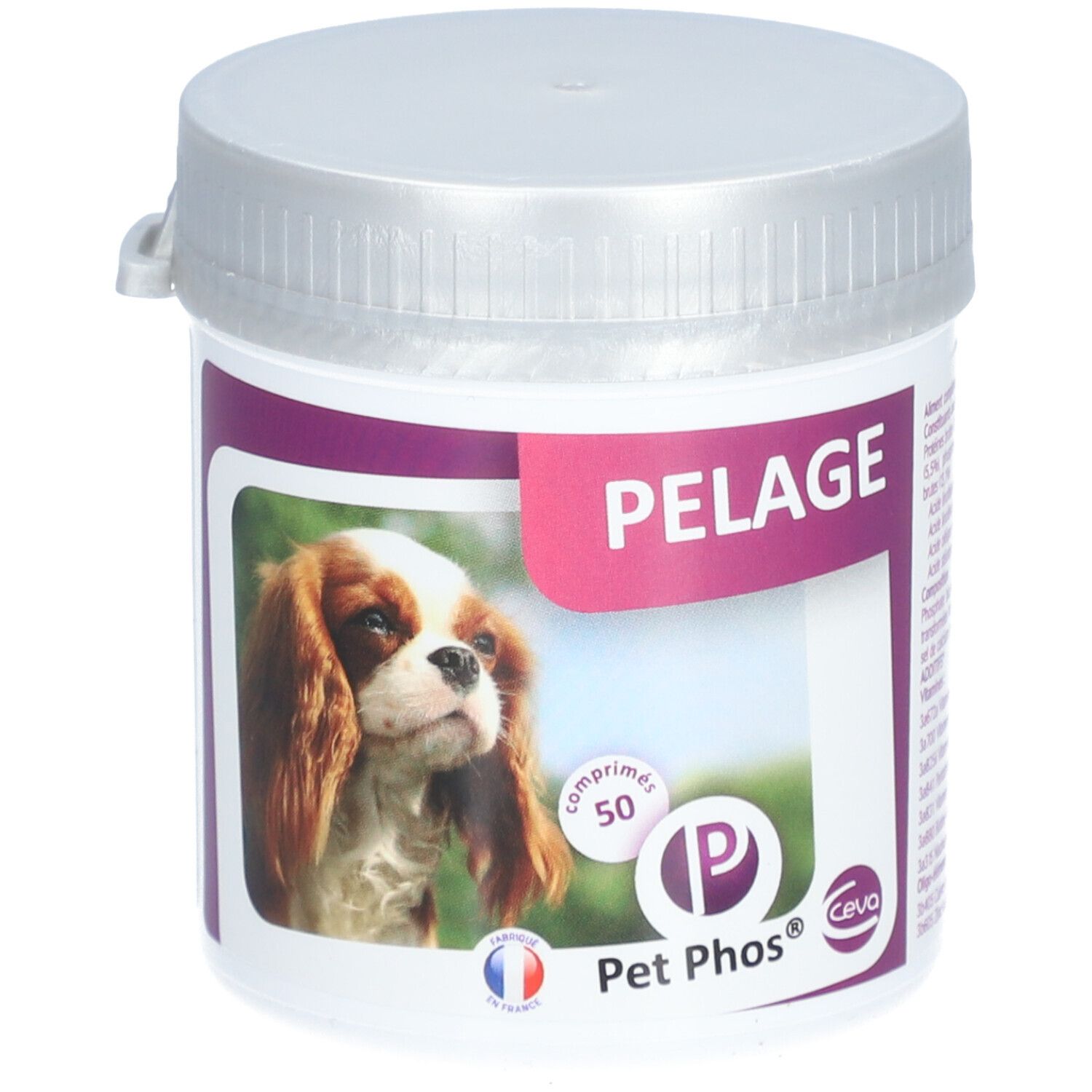 Pot blanc avec couvercle. Étiquette avec chien, texte: PELAGE, 50 comprimés, Pet Phos, Ceva.