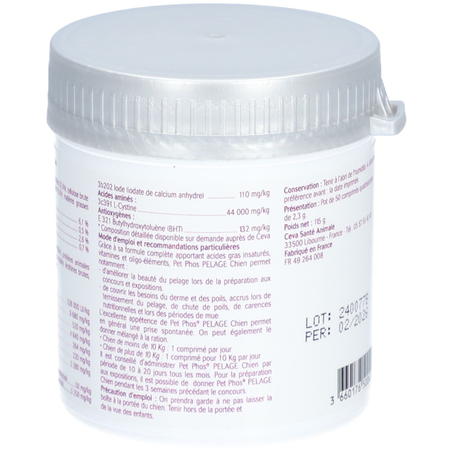 Dos du pot blanc. Texte: ingrédients, composition, posologie, informations fabricant.